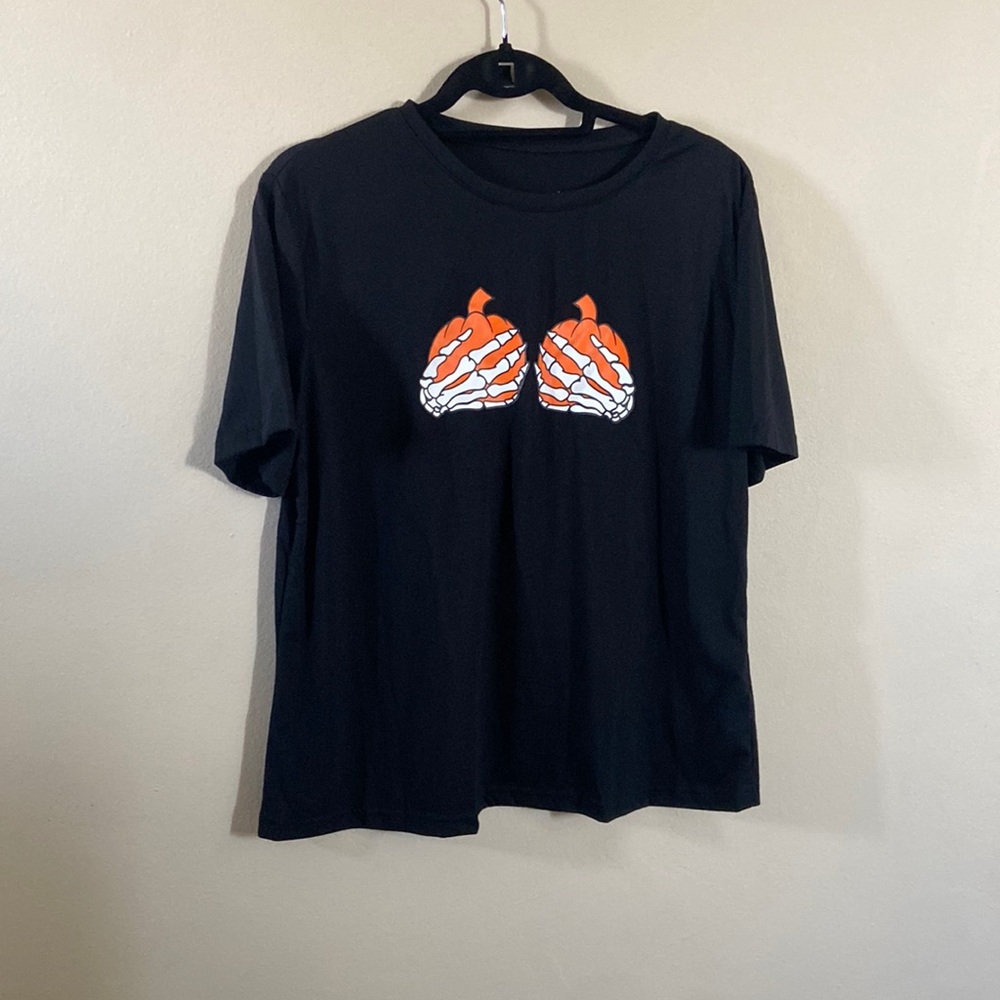 New Fun Pumpkin Skeleton Halloween Graphic T -Shirt Black Orange 2XL Plus Fall